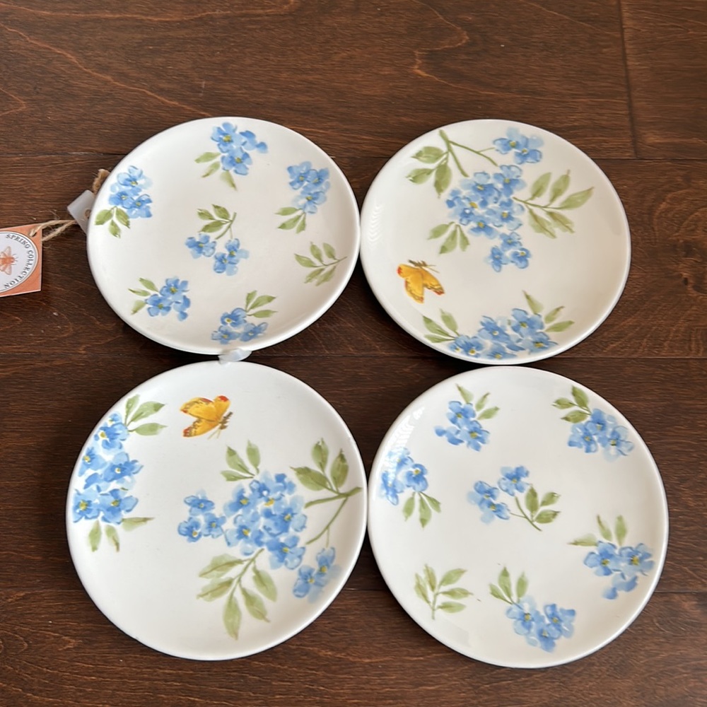 MAXCERA Round Spring Theme Appetizer Dessert Plates Floral Set of 4 Butterfly